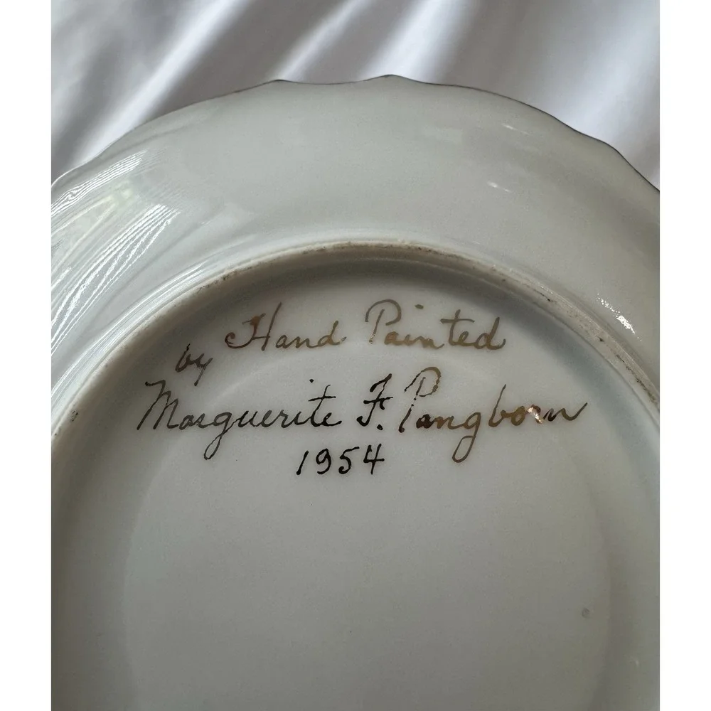 1954 Antique Signed Hand Painted Saucer Plate Floral Gold Tone‎ Rim